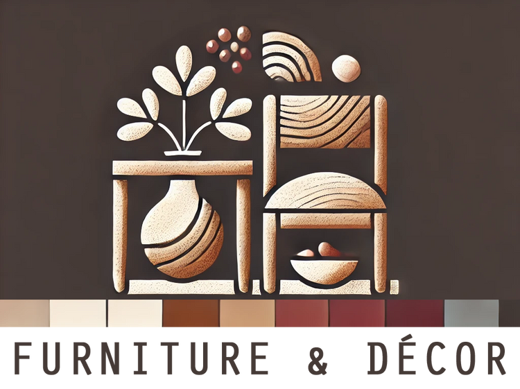 Furniture & Décor collection banner featuring animated designs of a table, vase, chair, and fruit bowl on a slate-colored background with an earthy border in shades of red, brown, gray, and off-white.