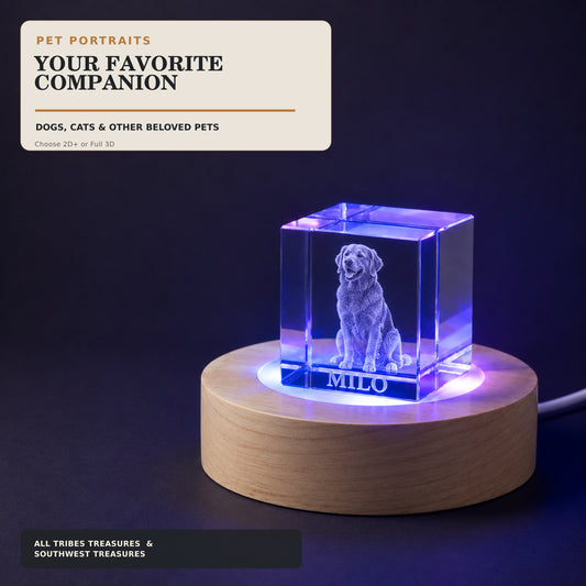 Dog pet portrait engraved inside a K9 crystal photo cube on a multicolor LED base