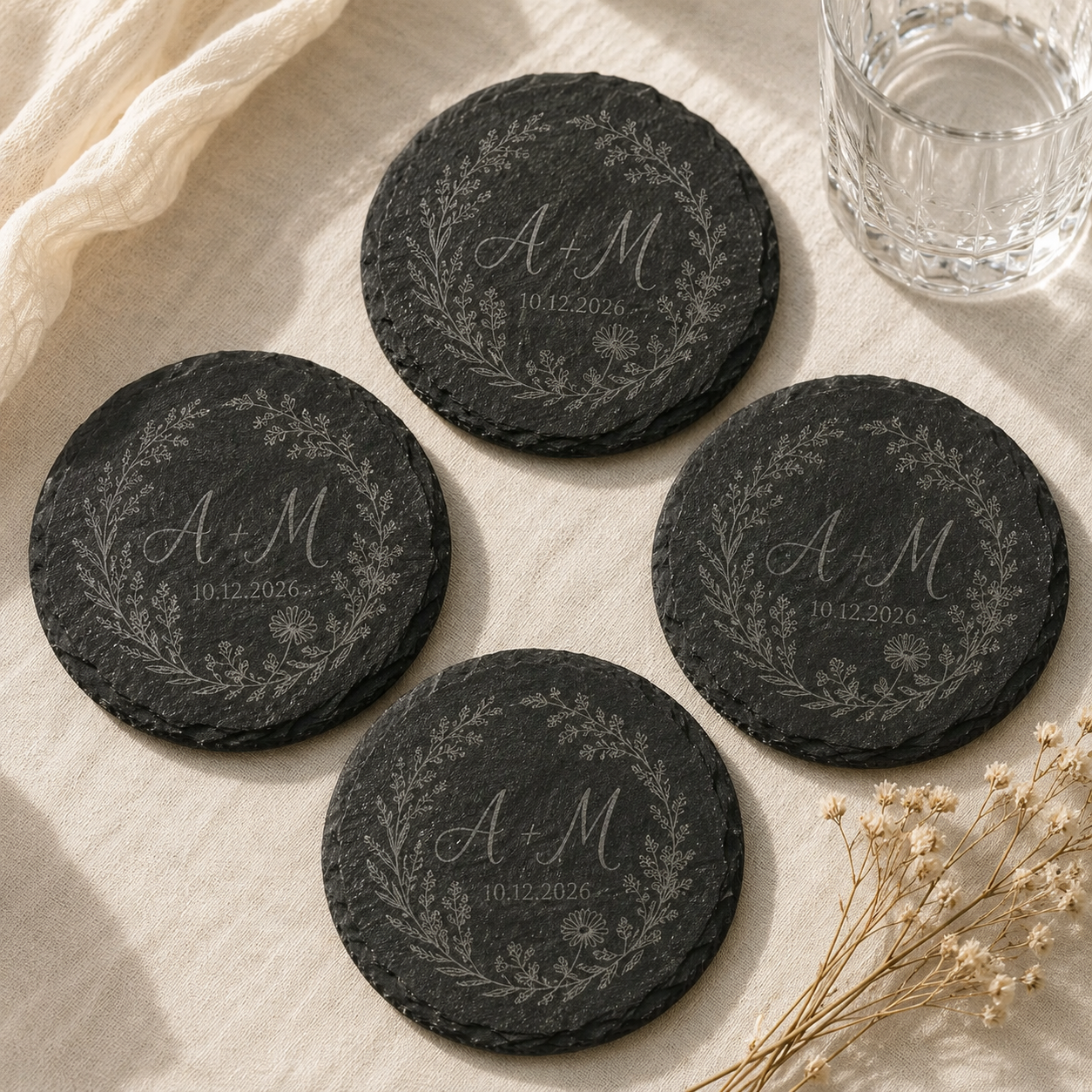 Personalized Engraved 4 Inch Slate Coaster Set of 4