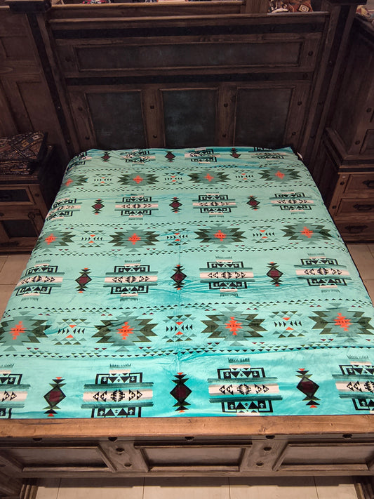 Light Blue / Aquamarine original Converging Arrows blanket pattern reference for King, approximately 108 × 90 inches; photographed sample shows color and design.