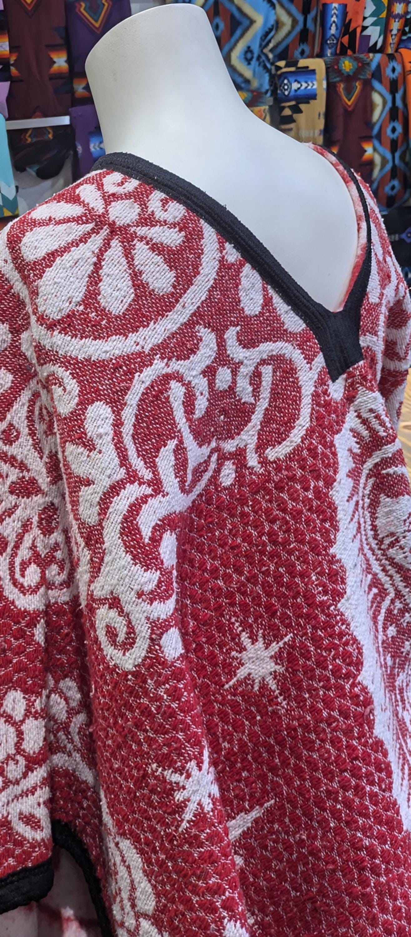 Handwoven Guadalupe Poncho | Red, Maroon, Blue | Eco-Friendly All Tribes Treasures