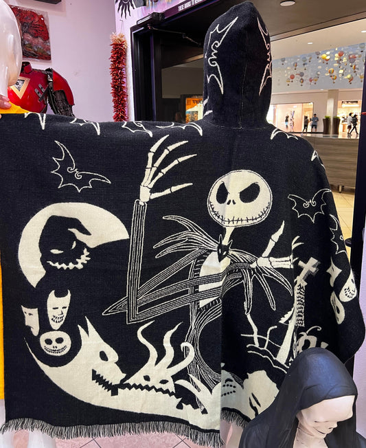 Reversible Jack Skellington Poncho Hooded Nightmare Before Christmas Wool Blend