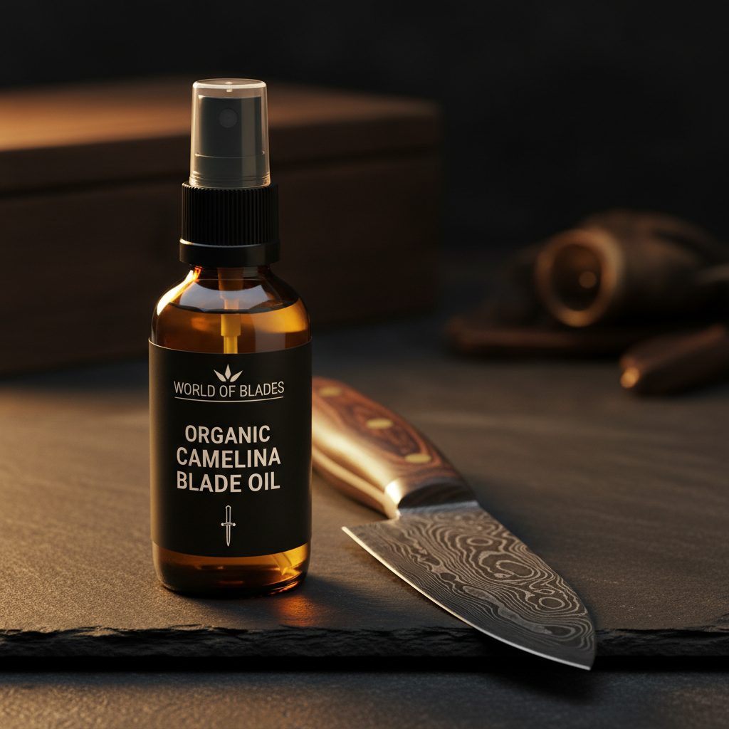 1 oz amber spray bottle of World of Blades organic camelina blade oil next to a Damascus steel knife