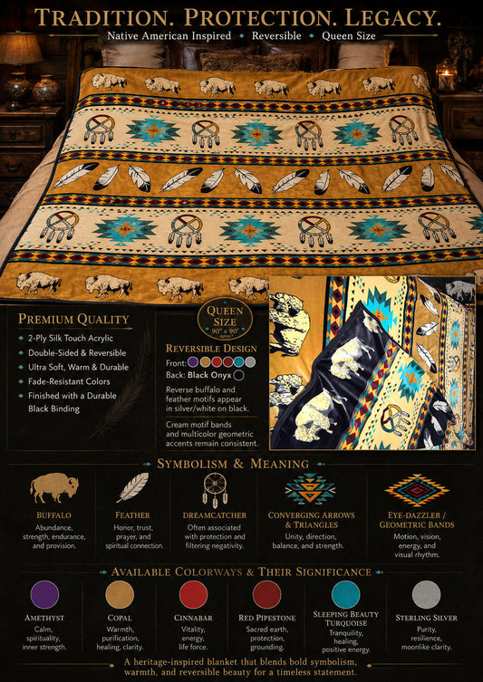 Buffalo Dreamcatcher Protection Blanket — Tradition, Protection, Legacy infographic showing all six color options and symbolism guide