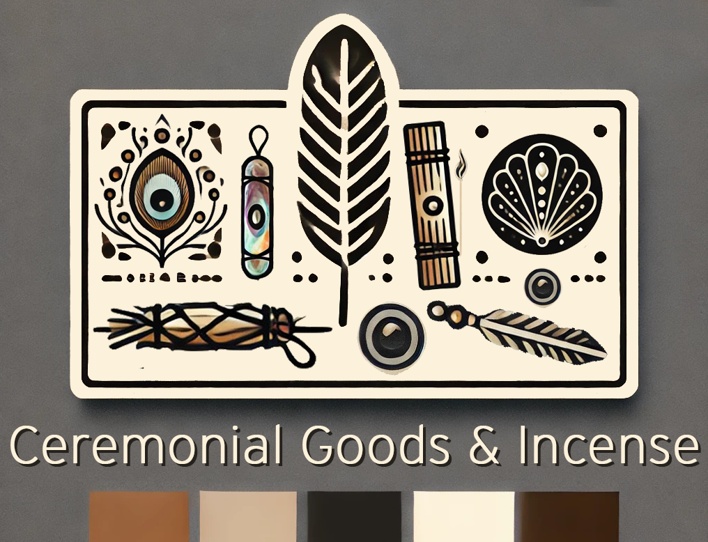 Banner for Ceremonial Goods & Incense featuring illustrations of a feather, sage bundle, incense sticks, evil eye, and shell in earthy tones on a gray background.