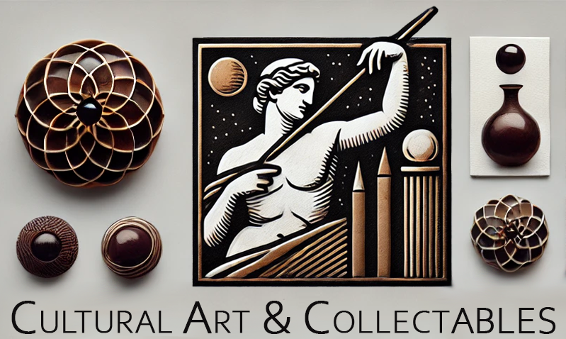 Cultural Art & Collectables banner featuring a classical illustration of a figure holding a staff with geometric and sculptural elements, surrounded by ornate decorative designs in earthy tones of brown and beige on a light gray background.