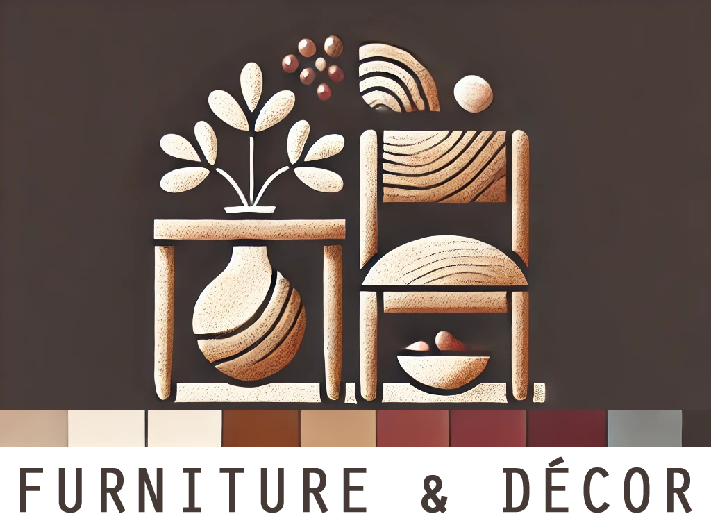 Furniture & Décor collection banner featuring animated designs of a table, vase, chair, and fruit bowl on a slate-colored background with an earthy border in shades of red, brown, gray, and off-white.