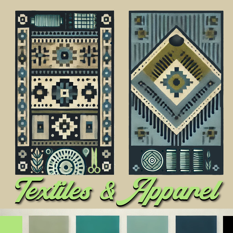 Textiles & Apparel banner featuring geometric-patterned rugs and apparel designs in earthy and teal tones, with sewing tools and fabric accents on a beige background.