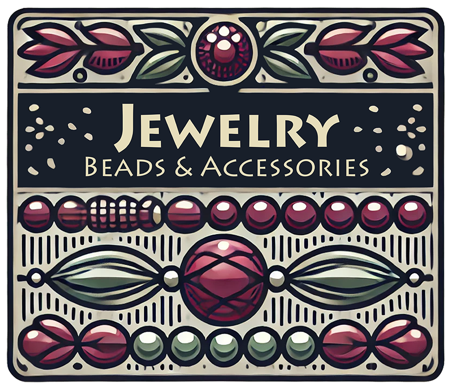 Jewelry, Beads, and Accessories collection banner featuring intricate designs of red, green, and pink beads, floral accents, and geometric patterns on a textured beige background.