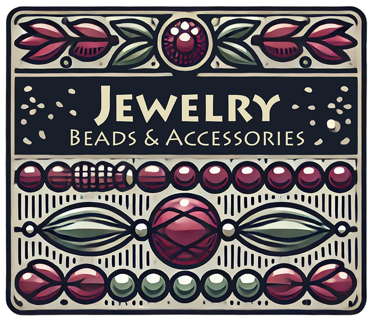 Jewelry, Beads, and Accessories collection banner featuring intricate designs of red, green, and pink beads, floral accents, and geometric patterns on a textured beige background.