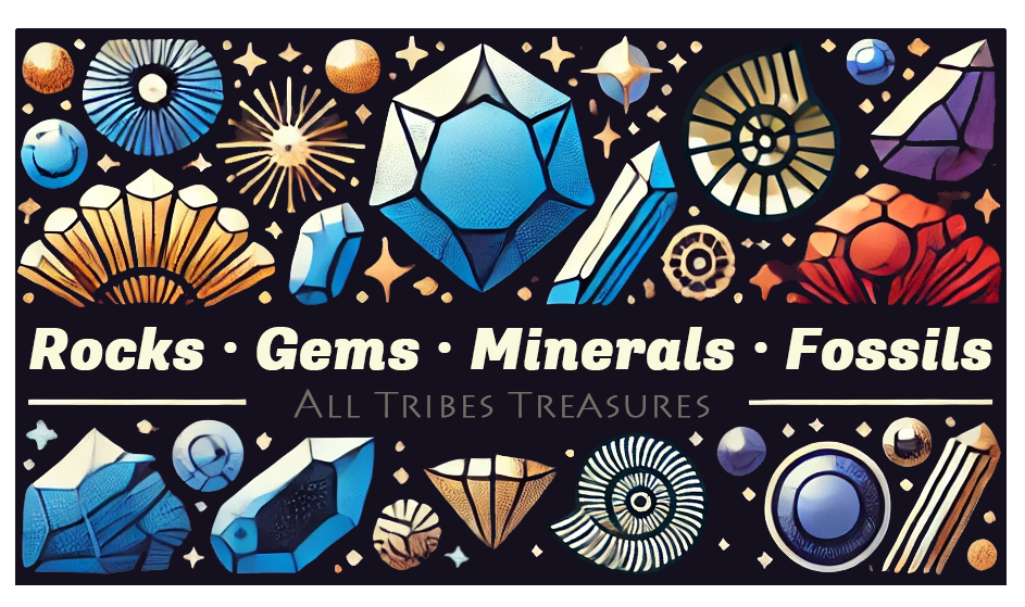 Rocks, Gems, Minerals, and Fossils banner featuring colorful geometric gemstones, ammonite fossils, crystals, and mineral patterns against a starry black background with gold accents.