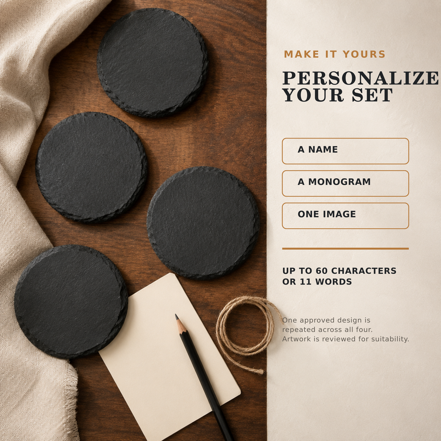 Personalized Engraved 4 Inch Slate Coaster Set of 4