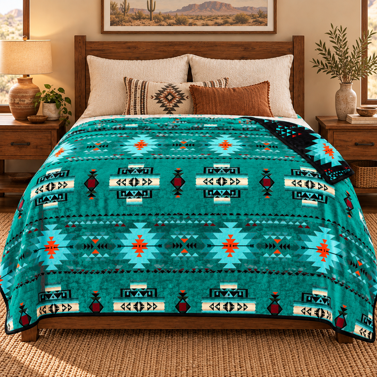 Arrow Junction Tribal Motif Southwestern Full/Twin-Size Blanket, 80 × 90 in, 2-Ply Reversible Silk-Touch