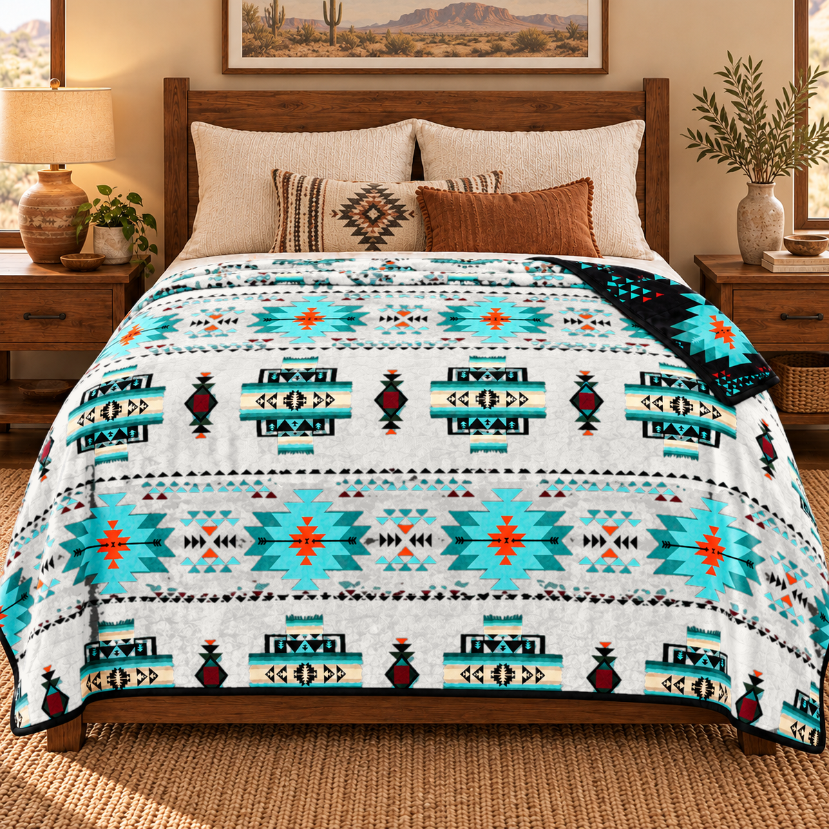 Arrow Junction Tribal Motif Southwestern Full/Twin-Size Blanket, 80 × 90 in, 2-Ply Reversible Silk-Touch