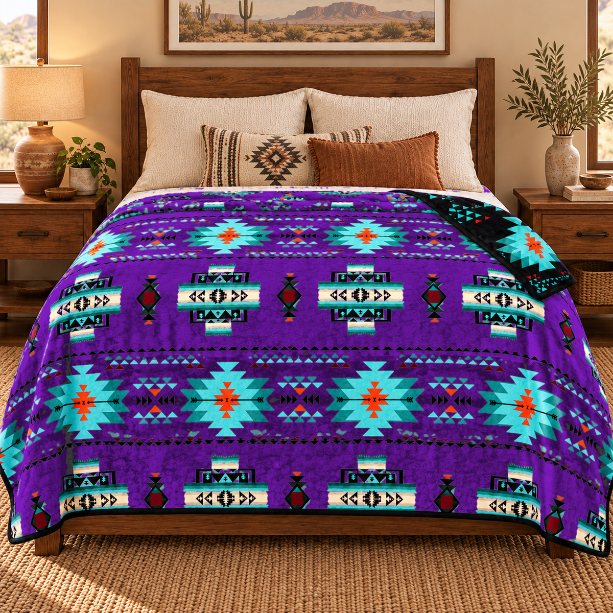 Arrow Junction Tribal Motif Southwestern Full/Twin-Size Blanket, 80 × 90 in, 2-Ply Reversible Silk-Touch
