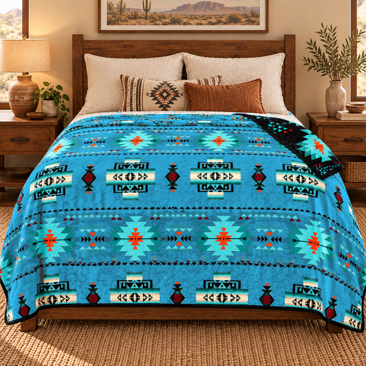 Arrow Junction Tribal Motif Southwestern Full/Twin-Size Blanket, 80 × 90 in, 2-Ply Reversible Silk-Touch