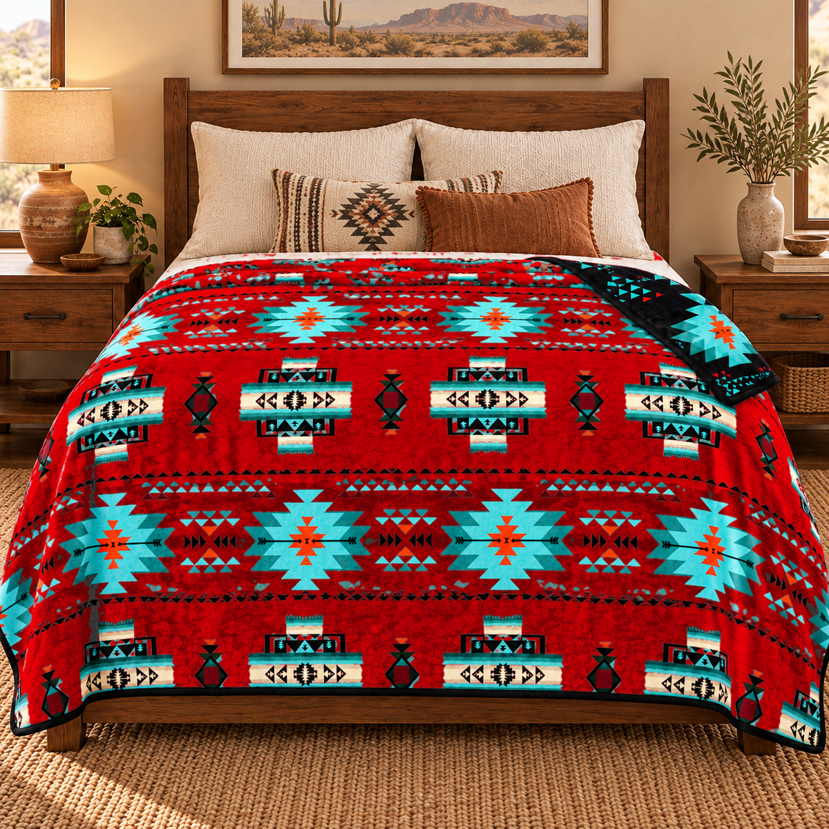 Arrow Junction Tribal Motif Southwestern Full/Twin-Size Blanket, 80 × 90 in, 2-Ply Reversible Silk-Touch