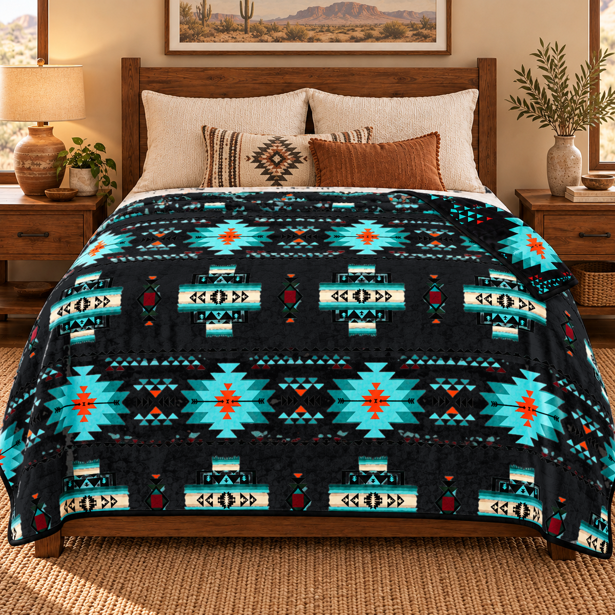 Arrow Junction Tribal Motif Southwestern Full/Twin-Size Blanket, 80 × 90 in, 2-Ply Reversible Silk-Touch