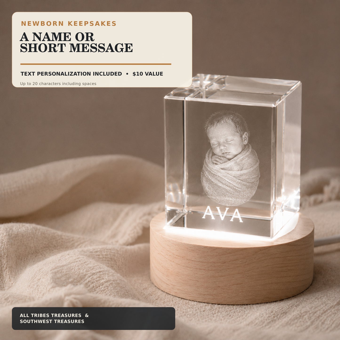 Newborn photo keepsake engraved inside a 2-inch K9 crystal cube on a white LED basswood base