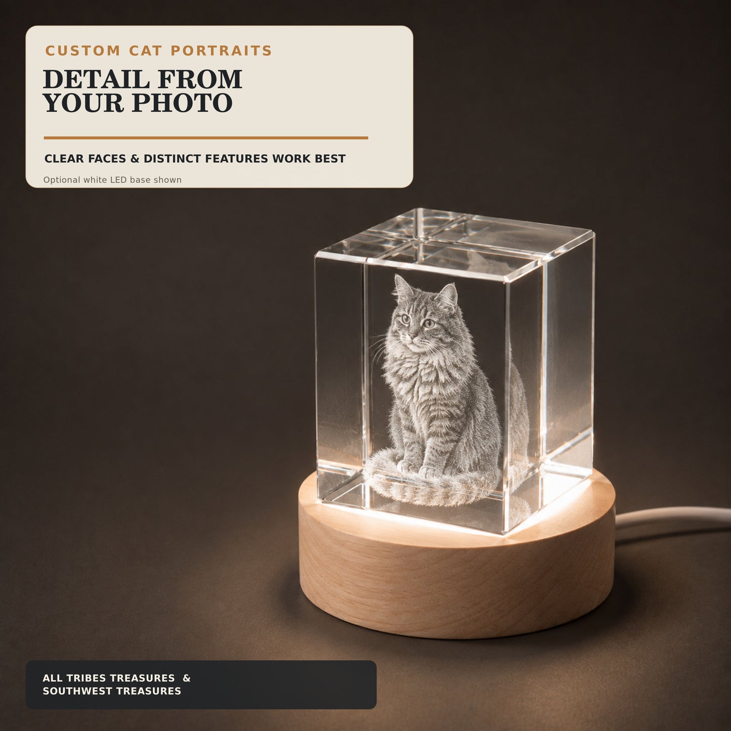 Cat portrait engraved inside a 2-inch K9 crystal cube on a white LED basswood base