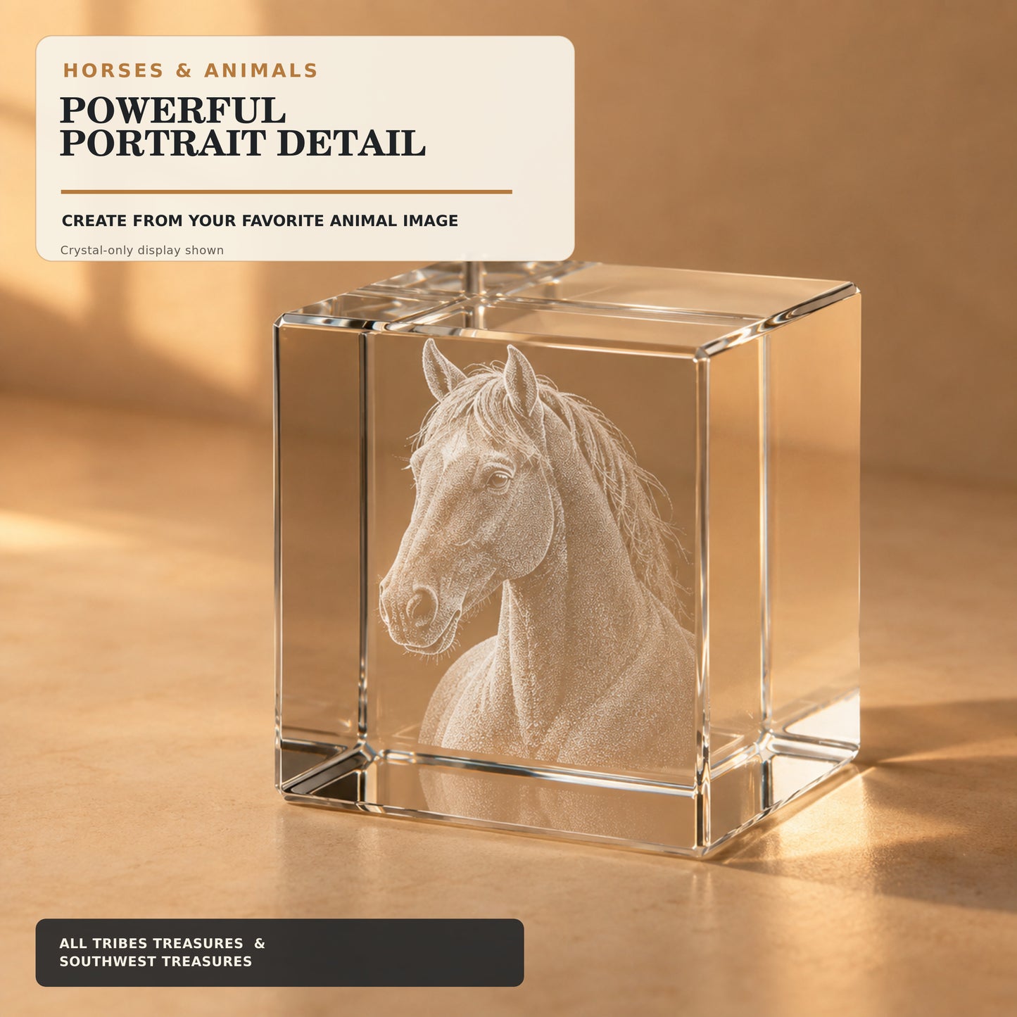 Horse animal portrait engraved inside a K9 crystal photo cube
