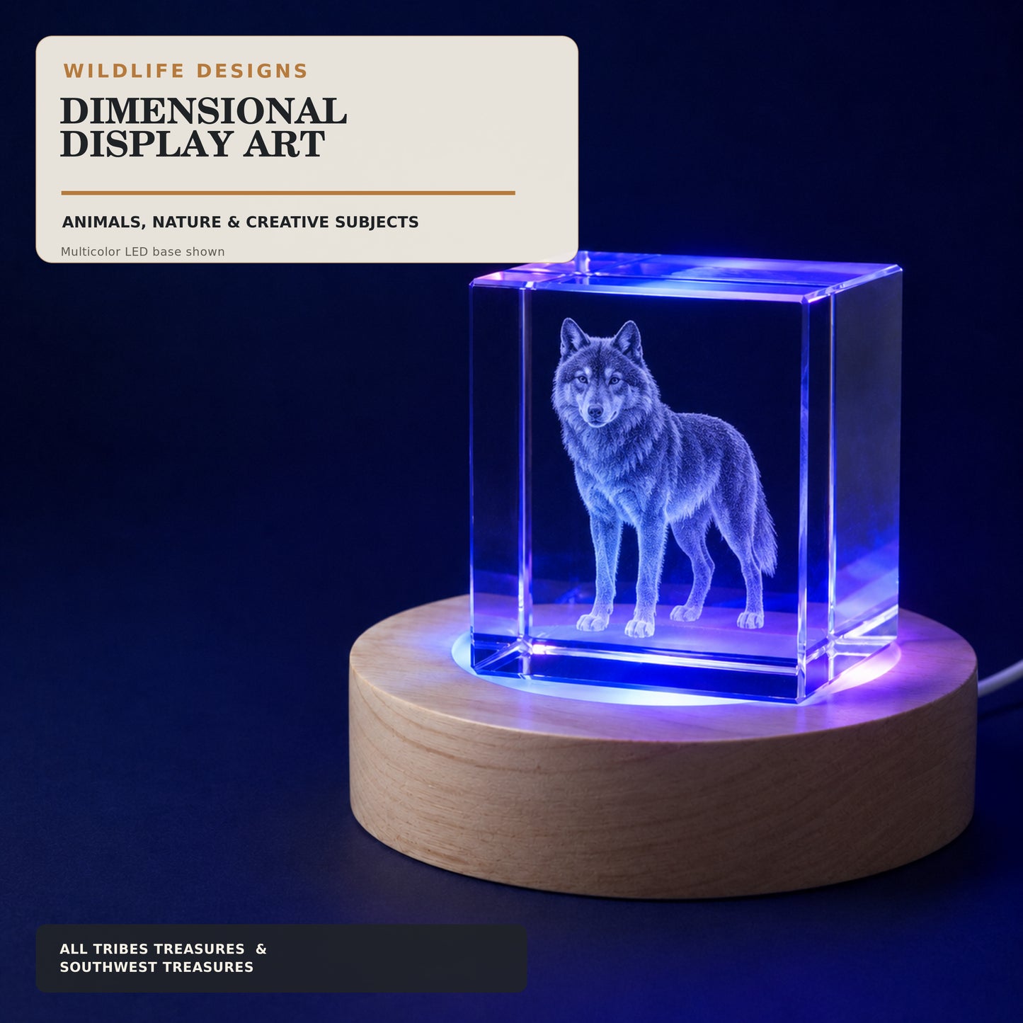 Wildlife wolf portrait engraved inside a 2-inch K9 crystal cube