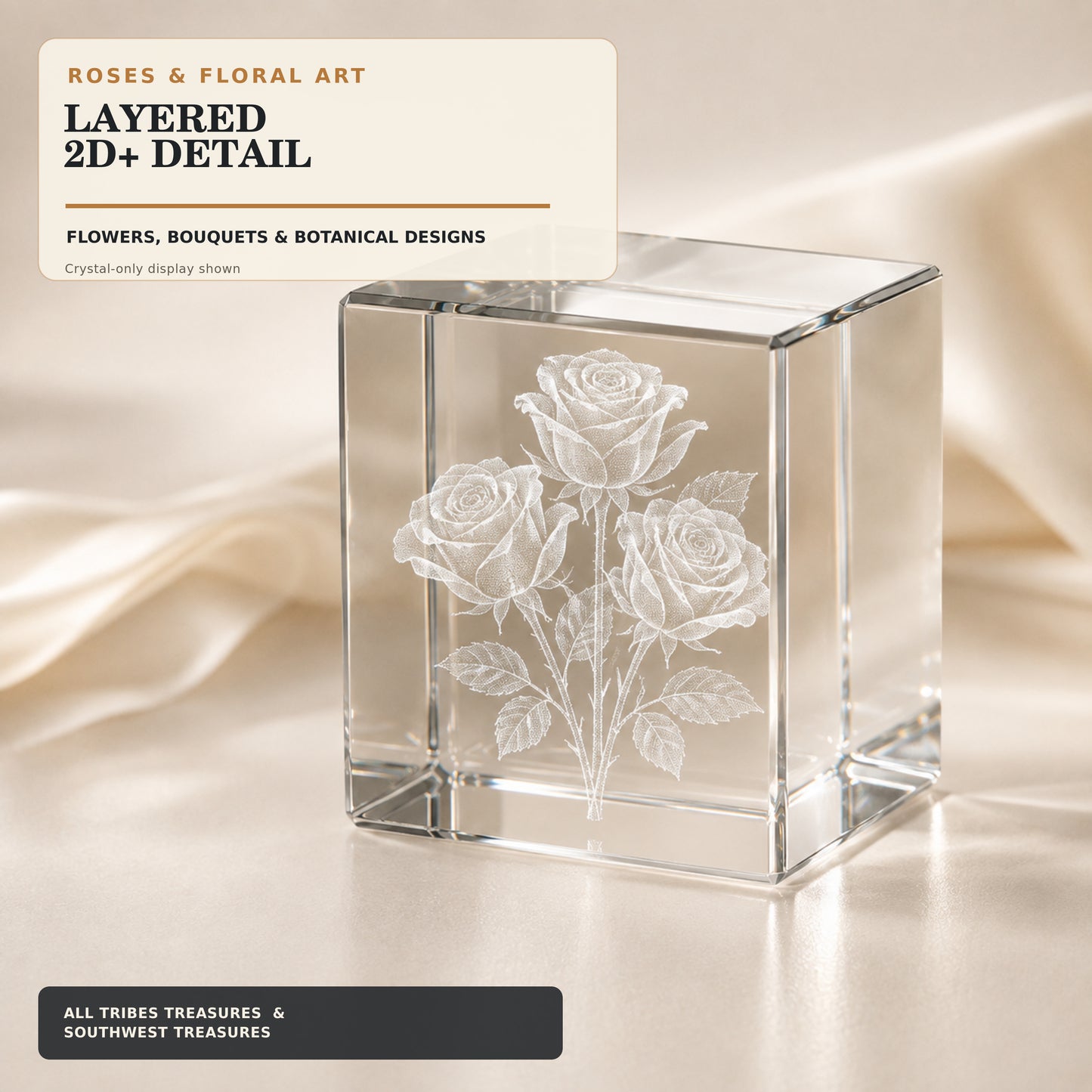 Rose bouquet engraved inside a K9 crystal photo cube on an LED base