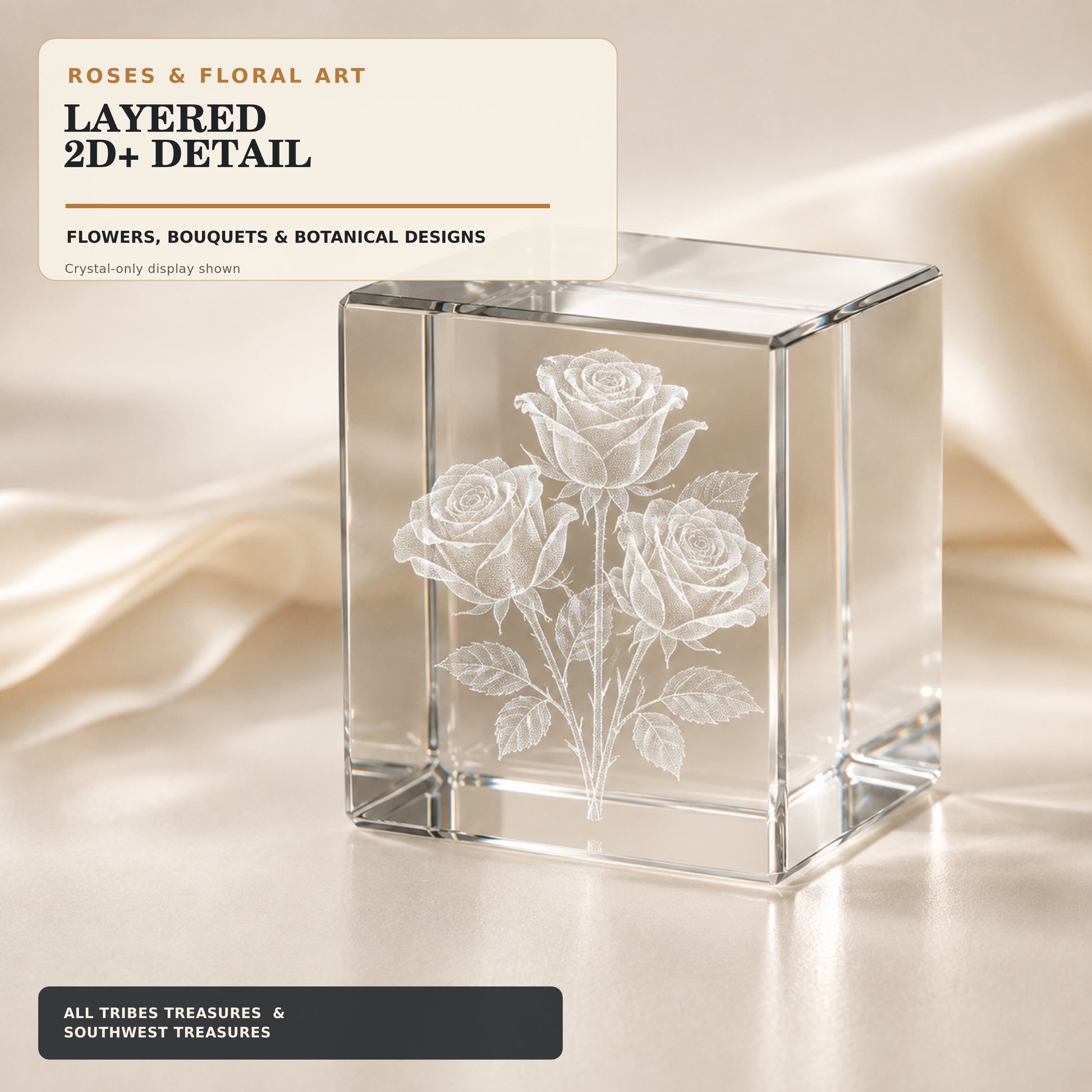 Rose bouquet engraved inside a K9 crystal photo cube on an LED base
