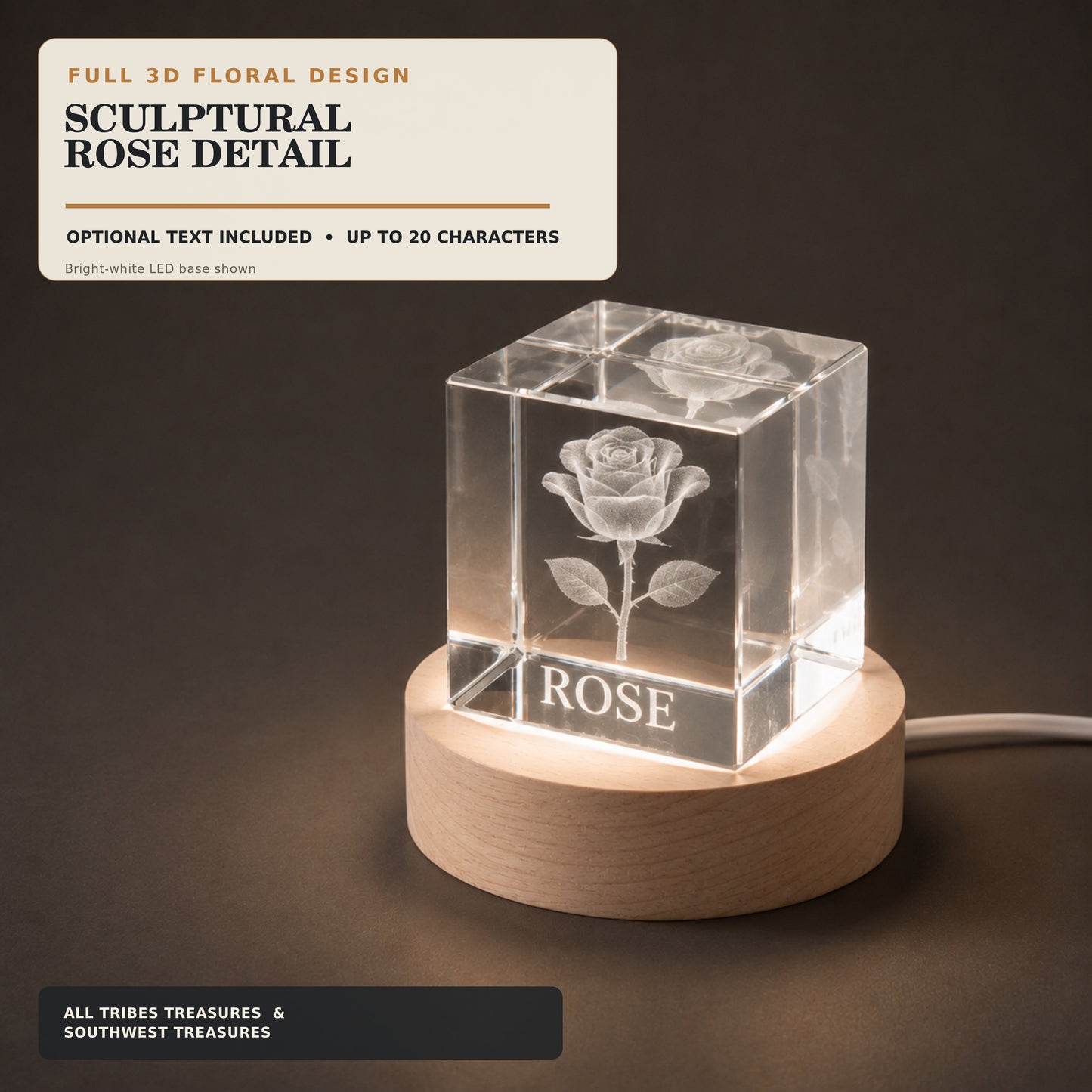 Full 3D sculptural rose engraved inside a 2-inch K9 crystal cube on a white LED base