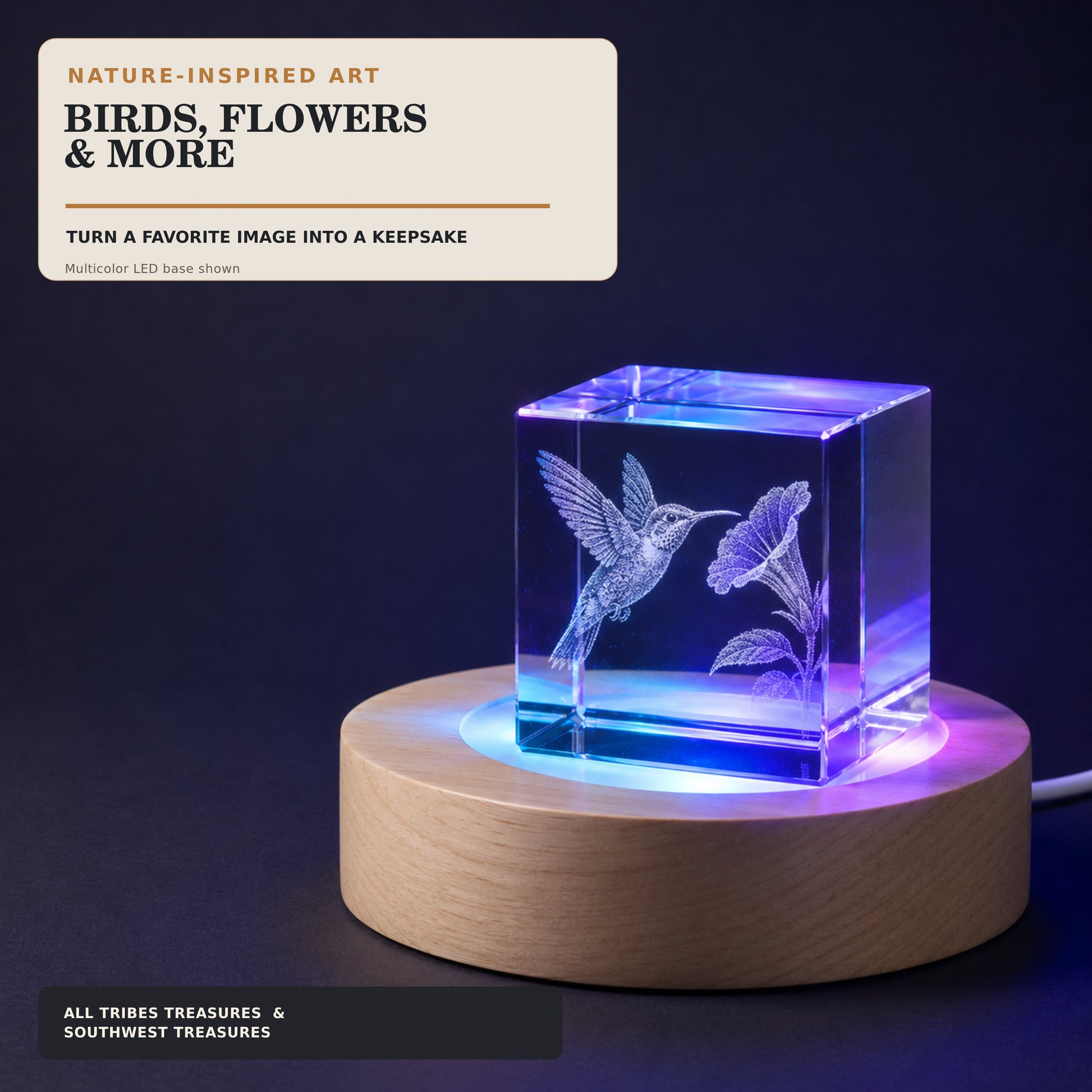 Hummingbird and flower nature design engraved inside a K9 crystal cube on a multicolor LED base