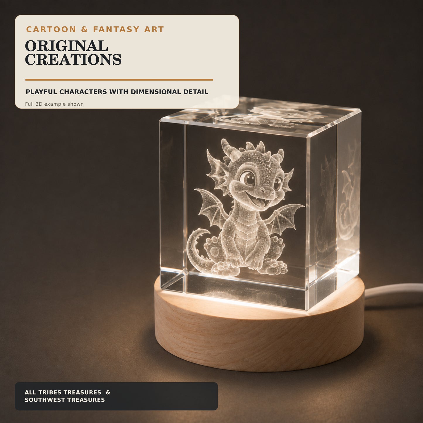 Original cartoon dragon engraved inside a 2-inch K9 crystal cube on a white LED base