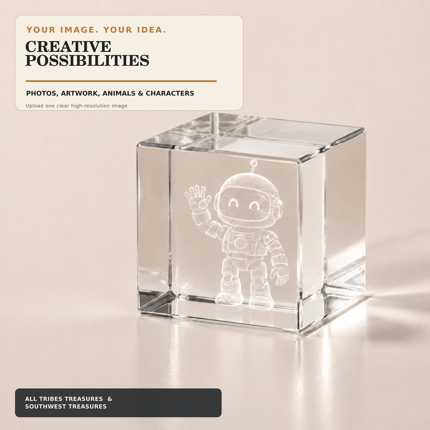 Original cartoon robot engraved inside a K9 crystal photo cube