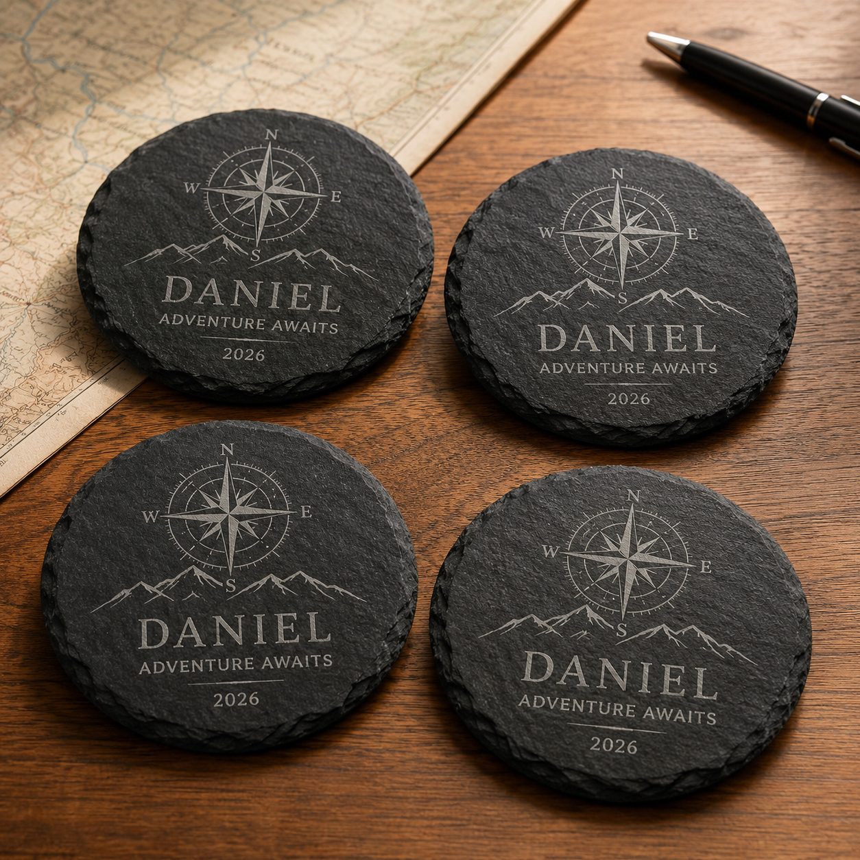 Personalized Engraved 4 Inch Slate Coaster Set of 4