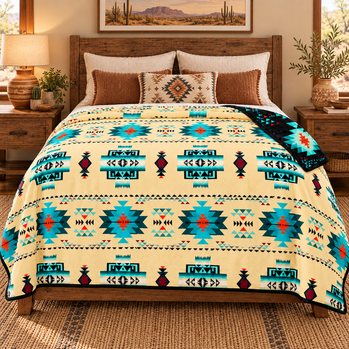 Arrow Junction Tribal Motif Southwestern Full/Twin-Size Blanket, 80 × 90 in, 2-Ply Reversible Silk-Touch