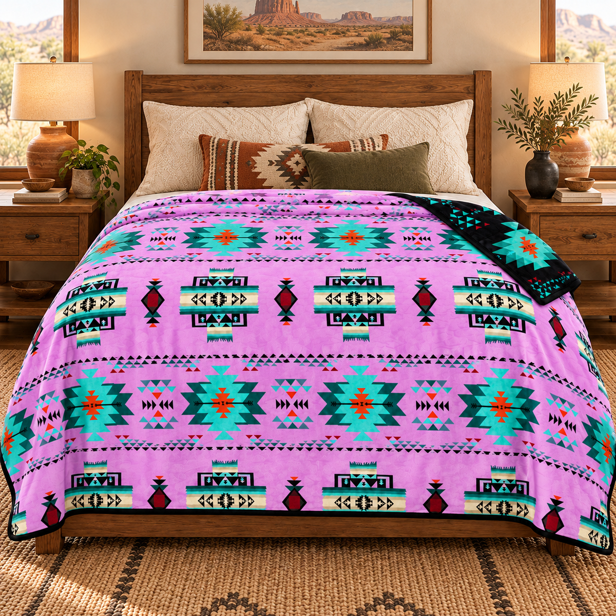 Arrow Junction Tribal Motif Southwestern Full/Twin-Size Blanket, 80 × 90 in, 2-Ply Reversible Silk-Touch