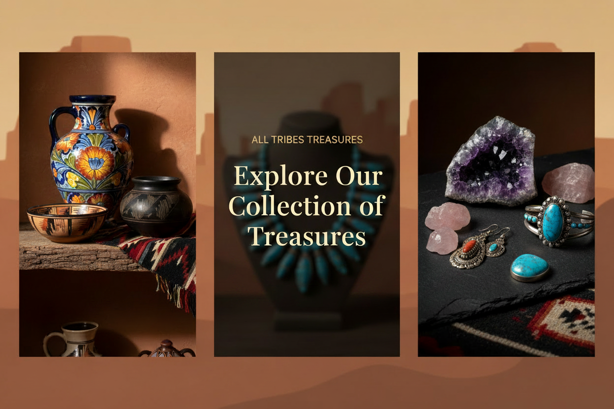 Header image featuring 3 panels of our treasures, with text and a call to action in the center reading All Tribes Treasures, Explore Our Collection of Treasures, and Shop Now.