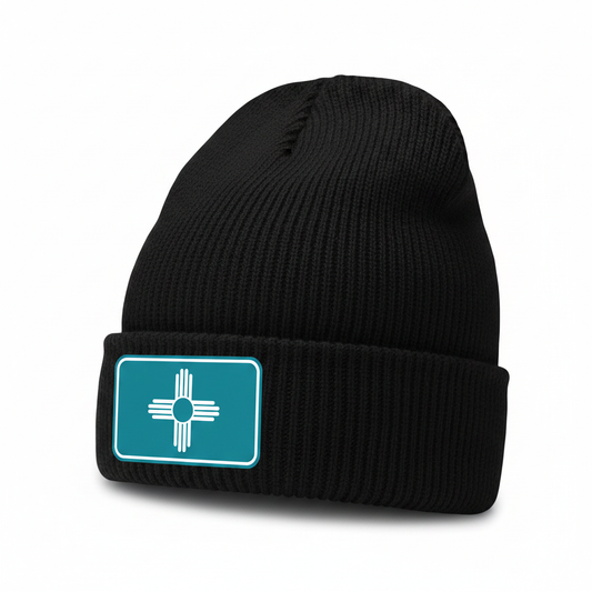 Black Beanie - Teal Zia Sign Design