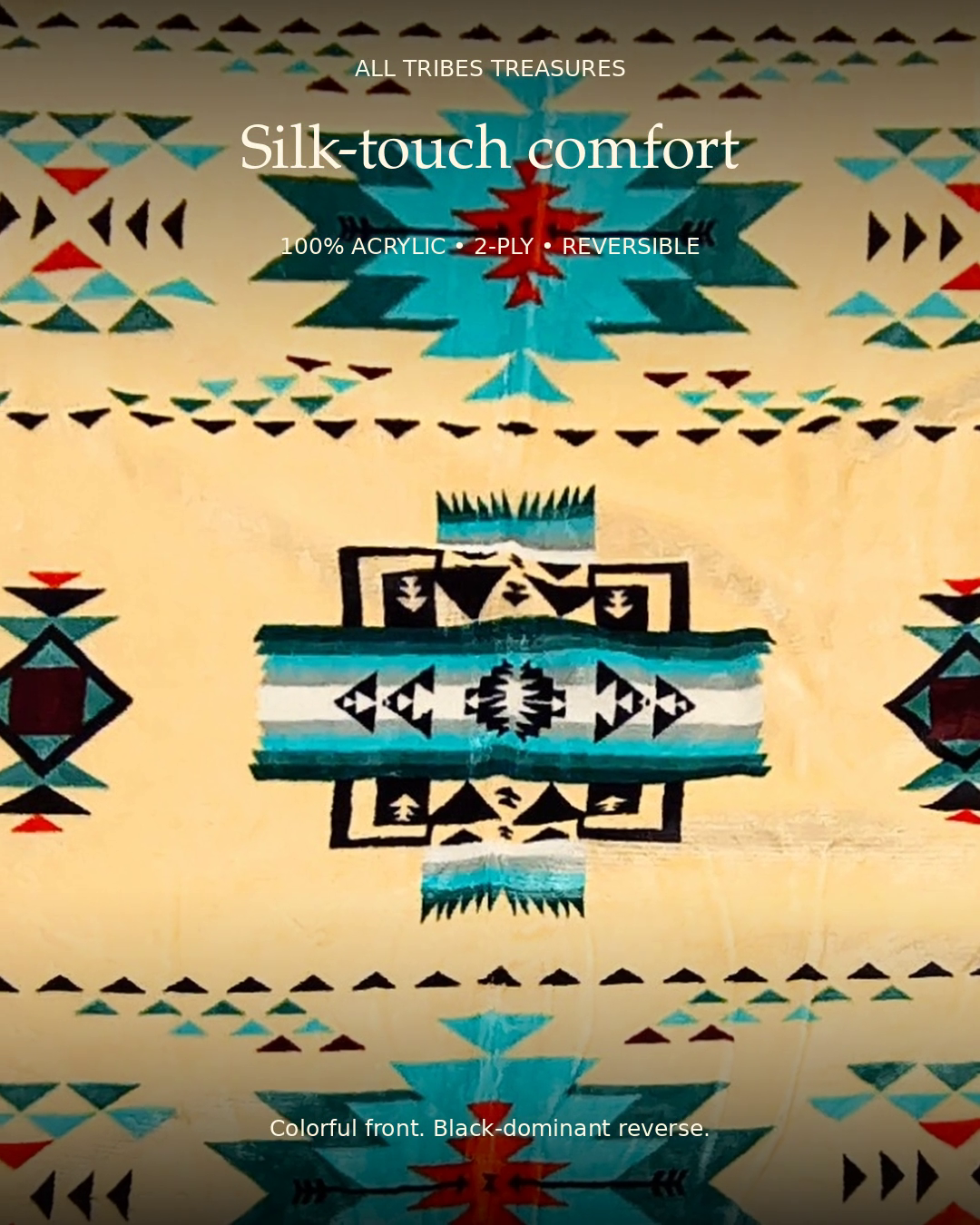 King Converging Arrows campaign close-up with size-specific text, original blanket motifs and silk-touch reversible styling.