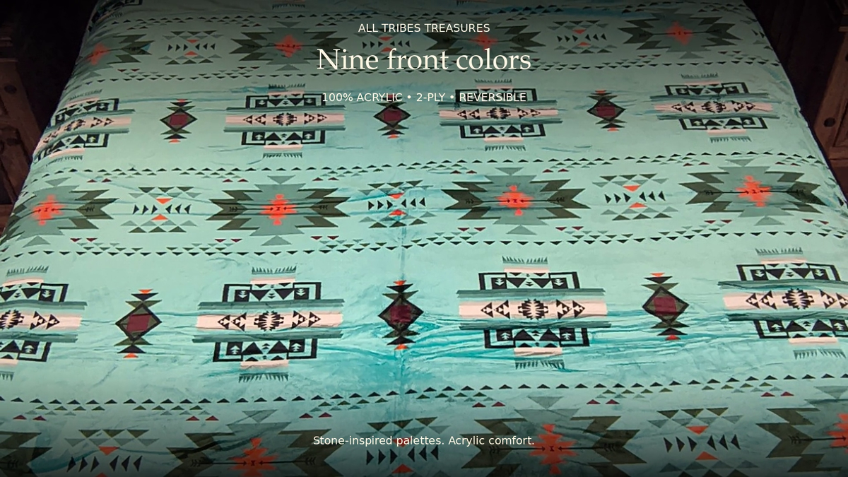 King Converging Arrows campaign close-up with size-specific text, original blanket motifs and silk-touch reversible styling.