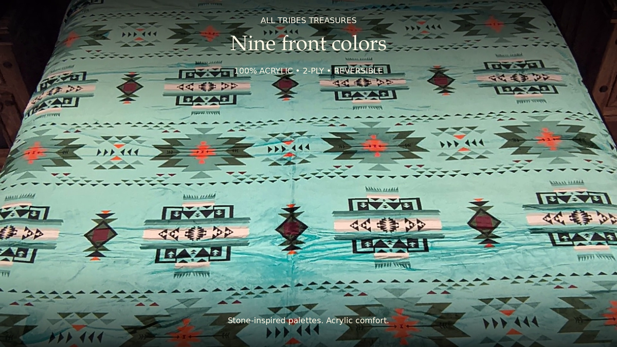 Queen Converging Arrows campaign close-up with size-specific text, original blanket motifs and silk-touch reversible styling.