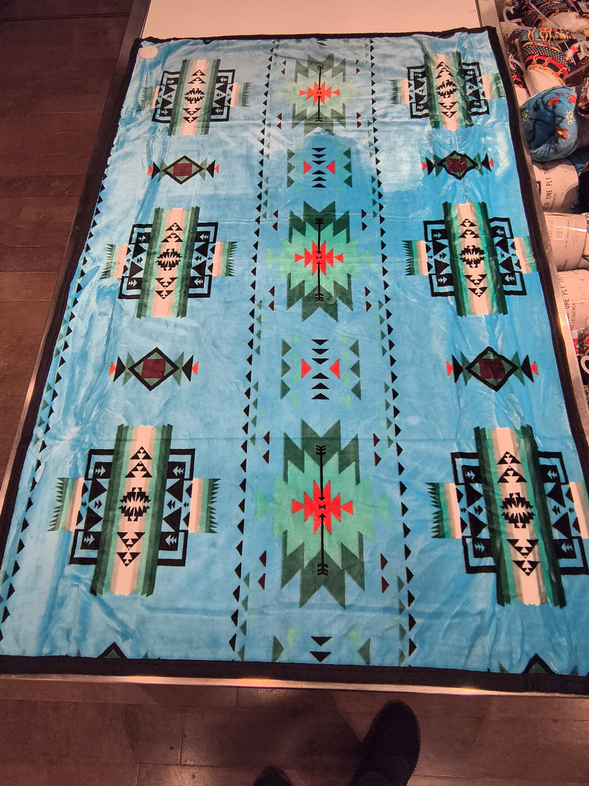 Sky Blue / Celestite original Converging Arrows blanket pattern reference for King, approximately 108 × 90 inches; photographed sample shows color and design.