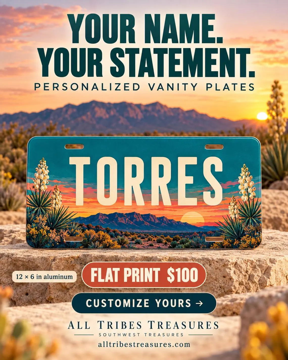 Custom Aluminum License Plate – Personalized 12 × 6 UV Print - 6 Styles/Finishes