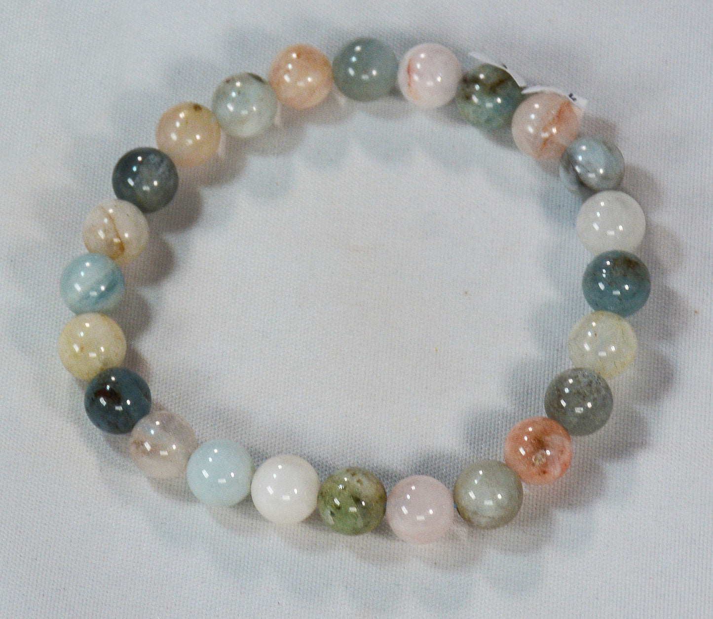 8mm Round Bead Tri-Color Beryl (Pink/Aqua/Clear-Grey) Stretch Bracelet – Morganite, Goshenite, Aquamarine