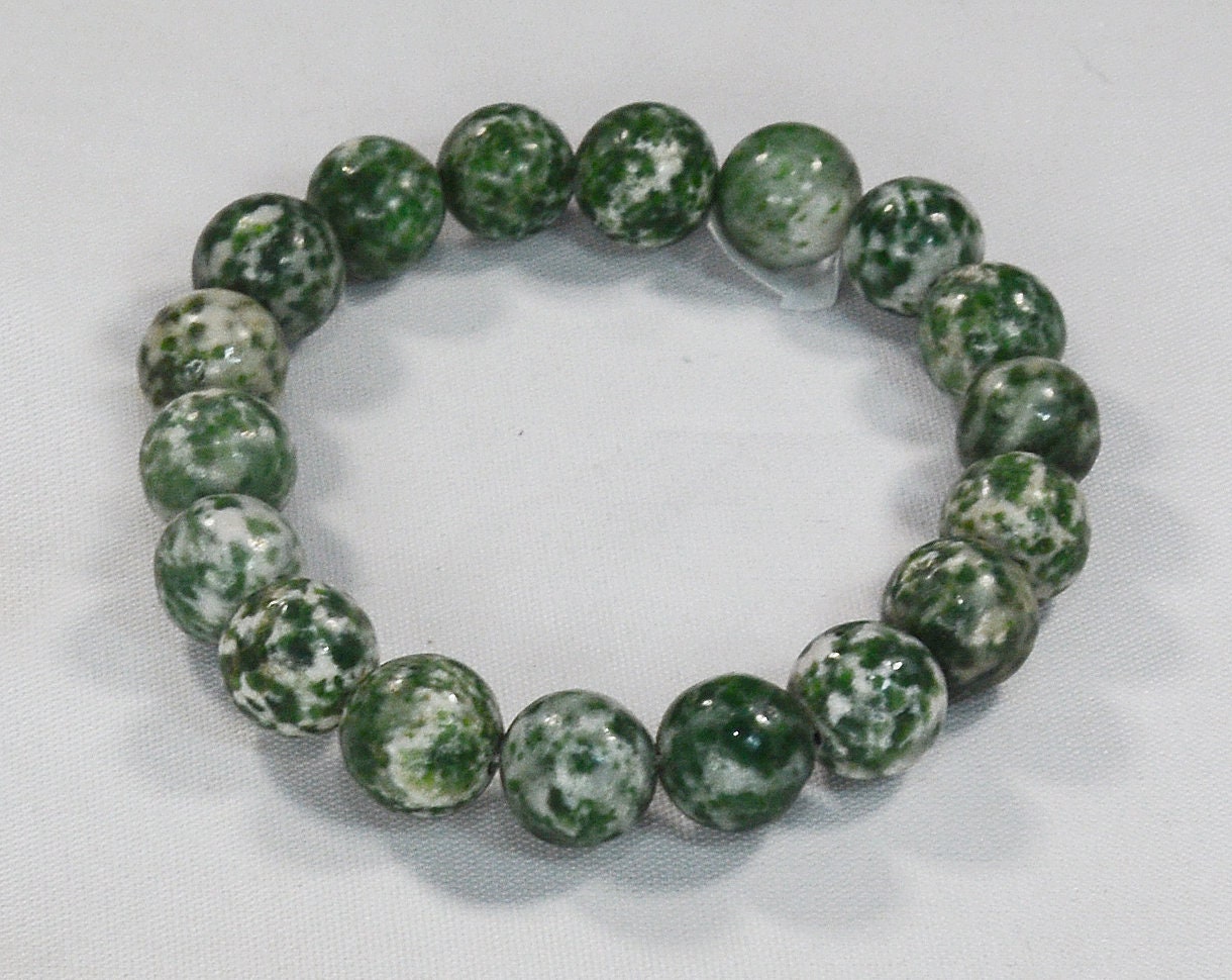 12mm Tree Agate Stretch Bracelet on White Cord – Natural Stone Jewelry