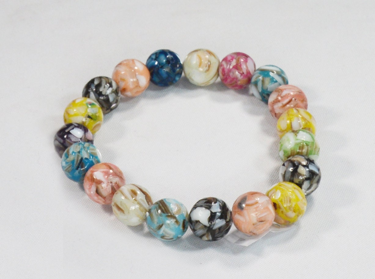 12mm Pastel Rainbow Sea Shell and Glass Mosaic Beaded Stretch Bracelet – Beach Sand Aesthetic