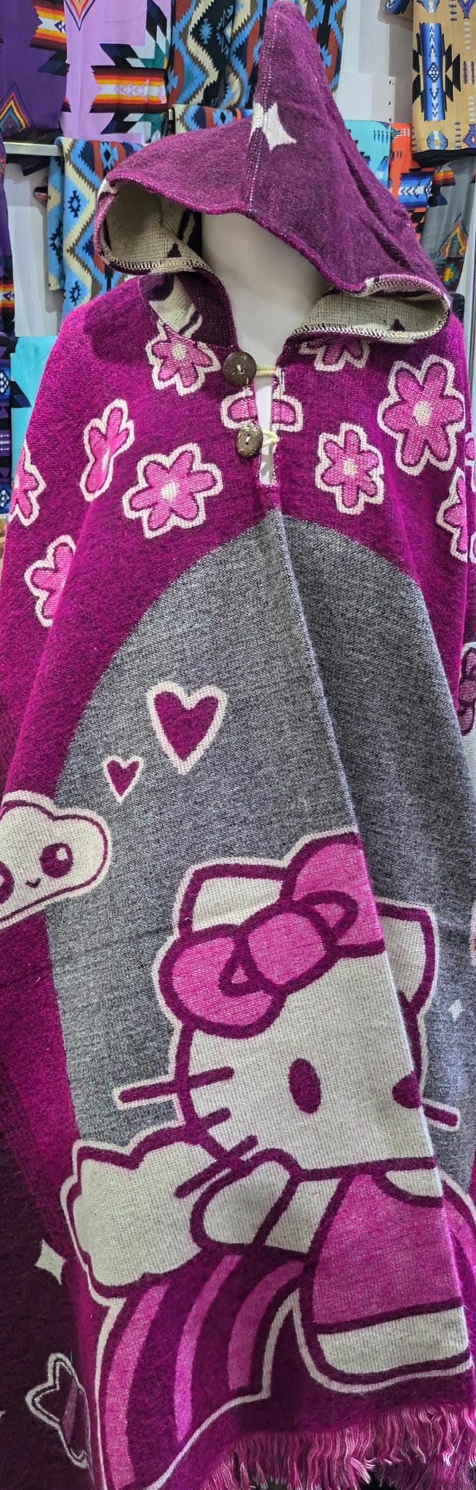Hello Kitty Poncho Hoodie: Adult, Acrylic Wool Blend, Handmade