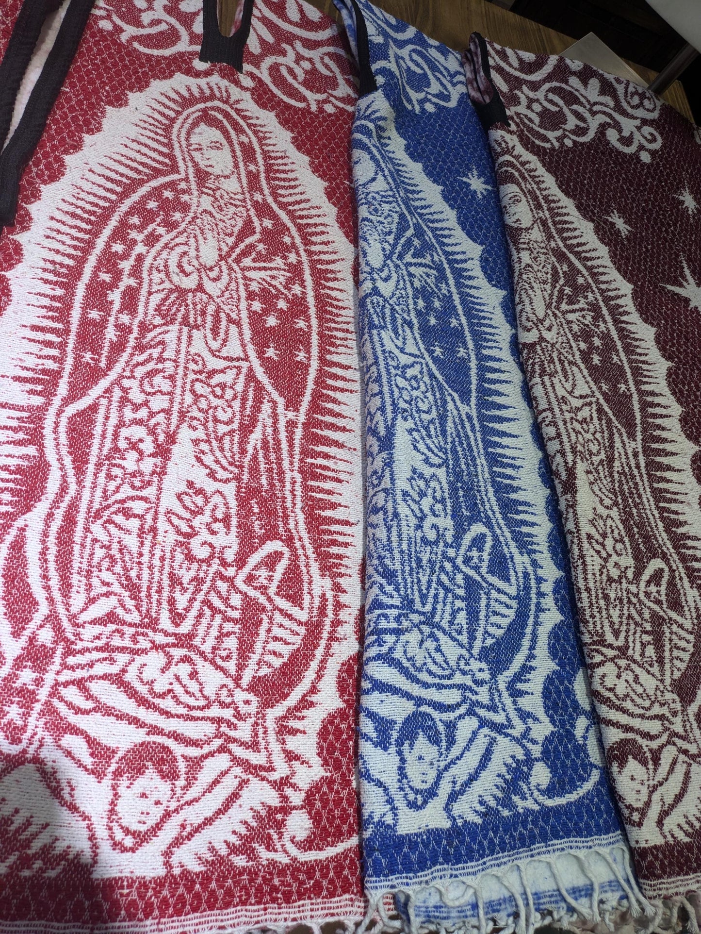 Lady of Guadalupe Poncho – Handwoven | Red, Maroon, Blue | Eco-Friendly | Hecho en Mexico