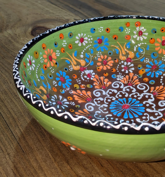 Hand-Painted Decorative Bowl – Green and Brown Mandala Design | 3D Floral Accents | Signed by Artist Nimet