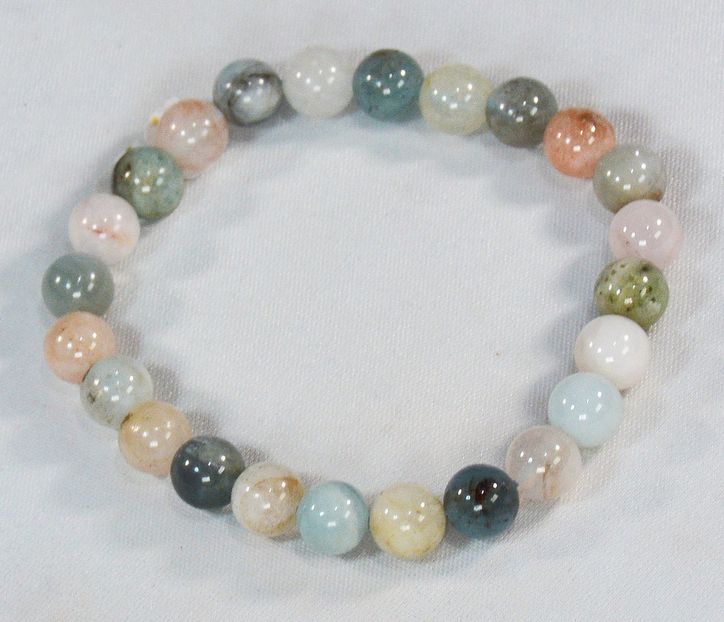 8mm Round Bead Tri-Color Beryl (Pink/Aqua/Clear-Grey) Stretch Bracelet – Morganite, Goshenite, Aquamarine