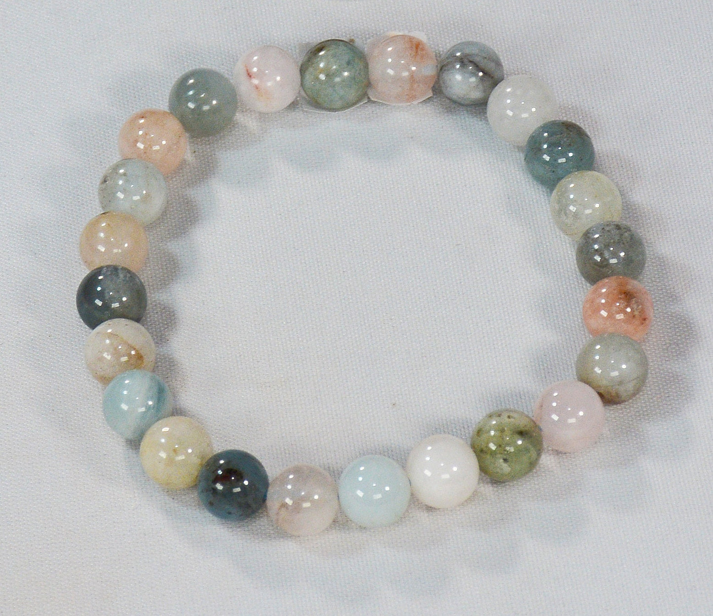 8mm Round Bead Tri-Color Beryl (Pink/Aqua/Clear-Grey) Stretch Bracelet – Morganite, Goshenite, Aquamarine